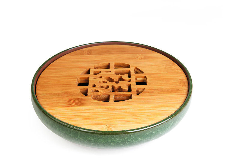 Фото Чайный поднос из исинской глины с обливной эмалью “Колотый лед” 25 см (зеленый)