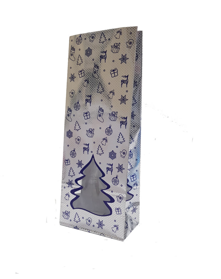 Фото Пакет для чая с окошками елками "Новогодний" 100х60х260 мм серебро/синий (упаковка 10 шт)