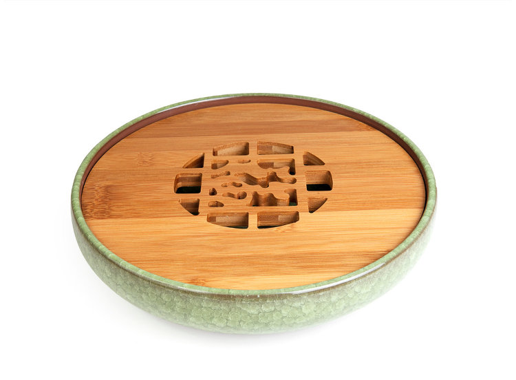 Фото Чайный поднос из исинской глины с обливной эмалью “Колотый лед” 25 см (светло-зеленый)